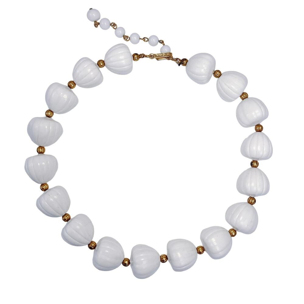 Vintage Crown Trifari Necklace, Midcentury Modern White Thermoset Plastic Beaded